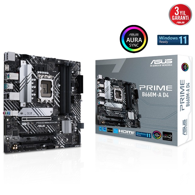 ASUS PRIME B660M-A D4 INTEL B660 LGA1700 DDR4 5333 DP HDMI ÇİFT M2 USB3.2 AURA RGB MATX 128GB KADAR RAM DESTEĞİ ASUS 5X PROTECTION III